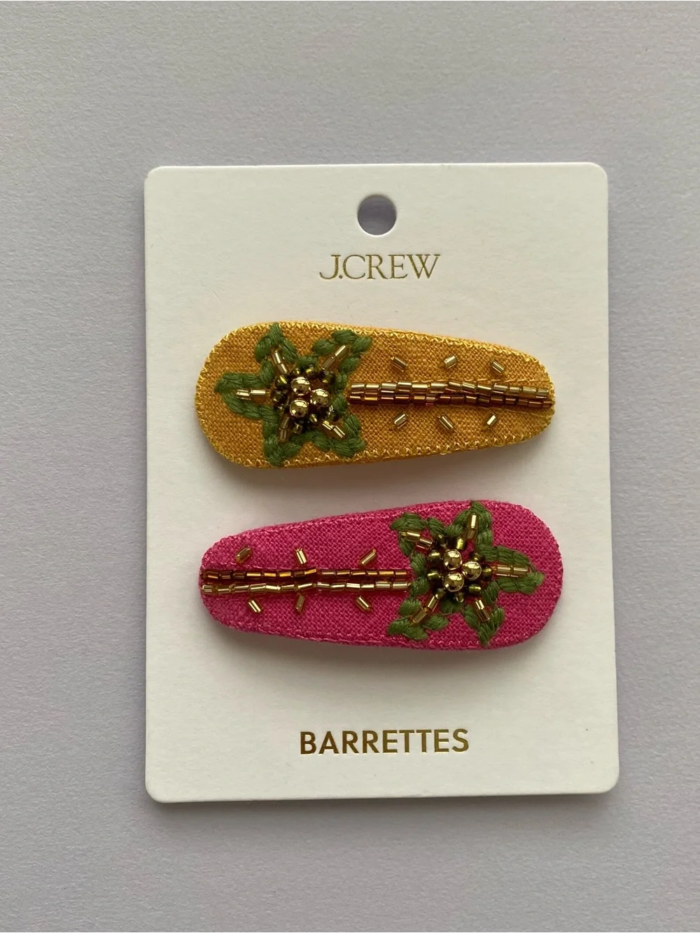 $40 NWT J. Crew Yellow Pink Embroidered Beaded Palm Tree Barrettes Hair Clips